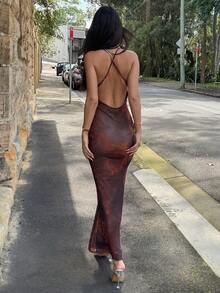 AmyJordy Vestido ajustado de malla de punto con cuello en V y espalda descubierta para mujer - Burdeos - Ver 2