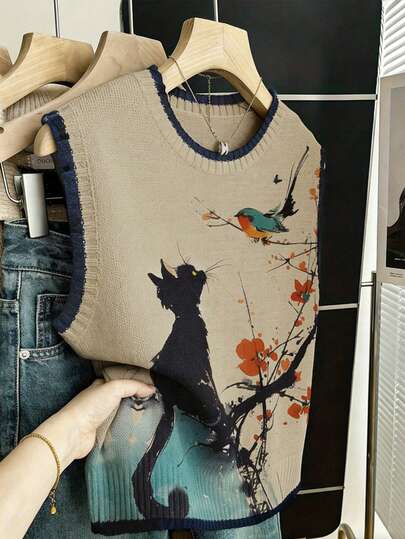 GlowEve CURVE Plus-Size Women's Spring/Summer Casual Wear: Simple, Versatile, And Artistic Style. Ink-Wash-Inspired Cat, Flower, And Bird Prints. Color-Blocked, Ribbed-Edge, Crew-Neck, Sleeveless Knit Vest. Perfect For Spring And Summer.