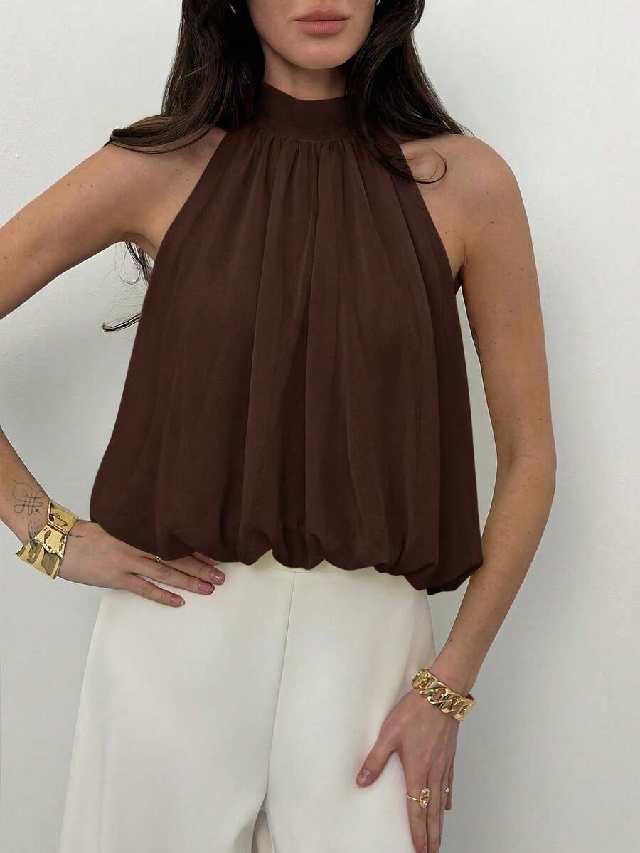 Aloruh Blusa casual de mujer de unicolor con hombros descubiertos - Café integral - Ver 1