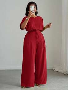 Slaydiva 2pcs Plus Size Women Set,Red Elegant Satin Summer Work Outfit,Loose Drop Shoulder Crop Top With Drawstring Hem & Wide Leg Pants With Pockets,Party - Red - View 9