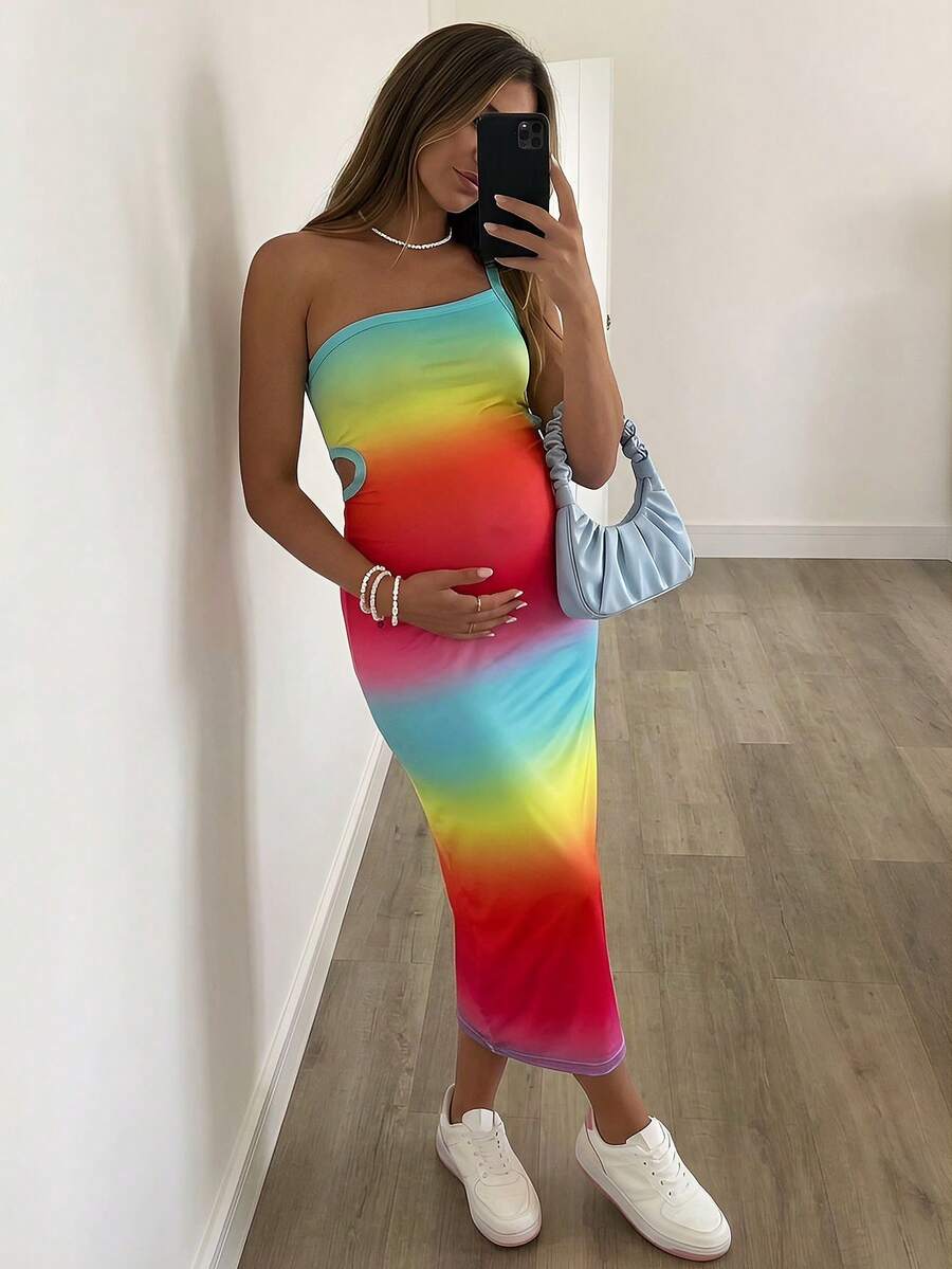 SHEIN 夏季孕妇休闲彩色渐变露背修身连衣裙 - 彩色 - 查看 1