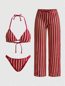 ROMWE Avant Bộ bikini dệt kim kẻ sọc gợi cảm 3 món - Áo tam giác + Quần cạp thấp + Quần ống rộng có thể điều chỉnh | Đồ bơi mùa hè phong cách retro đi biển - Đỏ - Xem 7