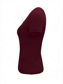 EMERY ROSE Women's Navy Solid Button-Up Short Sleeve Casual Cropped T-Shirt - Burgundy - View 3
