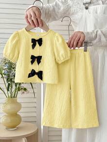 SHEIN 2件組女嬰編織純色圓領泡泡袖休閒上衣與長褲套裝 - 黃色 - 查看 7