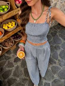 SHEIN PariChic Bộ 2 món áo kiểu Pháp kẻ caro buộc dây dành cho nữ. - Xanh và trắng - Xem 7