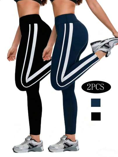 Eassivo 2pecs Women's High‑Waist Compression Leggings With Double White Side Stripes - Tummy‑Control, Four‑Way Stretch, Moisture‑Wicking Yoga & Running Pants In Navy And Black