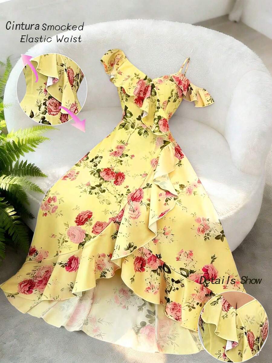 Elenzga Đầm maxi dài màu hồng, phong cách cổ điển lãng mạn mùa xuân/hè dành cho nữ, thích hợp cho kỳ nghỉ biển, tụ họp hàng ngày, hẹn hò, dự tiệc. Thiết kế họa tiết hoa, cổ áo xéo, vạt áo xếp ly không đều. - Màu vàng - Xem 1