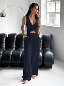 SHEIN EZwear Women's Single-Breasted Vest & Pants Set, Solid Color, Navy Blue, Spring/Summer - Navy Blue - View 5