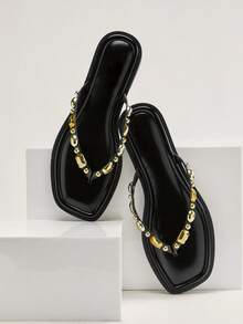 SHUZIA Women's Square Toe Cushioned Insole Gold Geometric Bead Fine PU Black Toe Post Flat Slides – Sleek, Minimal & Everyday Chic - Black - View 6