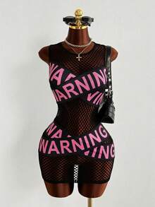 Sunspun Đầm mini thể thao lưới ôm sát, kiểu dáng táo bạo, phá cách dành cho nữ cỡ lớn, tôn dáng, in họa tiết lưới với khẩu hiệu, phù hợp cho chụp ảnh đường phố, lễ hội âm nhạc, tiệc tùng, trang phục lễ hội, kỳ nghỉ, mùa tựu trường, tiệc tựu trường, trang phục đi xem hòa nhạc. - Nhiều màu - Xem 5