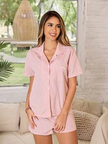 Serenescape Striped Print Lapel Short Sleeve Shorts Pajama Set For Women - Coral Orange - View 3