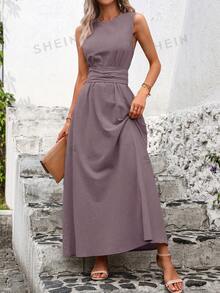 SHEIN Clasi Women Solid Color Crew Neck Sleeveless Waisted Pocketed Casual Dress,Summer Dresses For Women - Purple - View 7