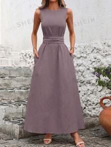 SHEIN Clasi Women Solid Color Crew Neck Sleeveless Waisted Pocketed Casual Dress,Summer Dresses For Women - Purple - View 8