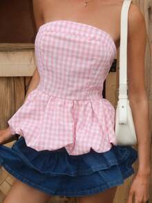 Sydney Algeri 粉色格子束腰荷叶边下摆抹胸 - 粉色 - 查看 5