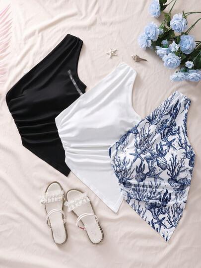 SHEIN 3pcs/Set Casual T-Shirt For Teenage Girls, With One-Shoulder Design, Ruffle Asymmetric Hem, Decorated With Ocean Animal & Blue Prints, Fitted Casual One-Shoulder Top For Kids, Suitable For Summer Travel, Beach, Walking, Matching With Pants, Shorts, Skirts, Outerwear For Daily Wear