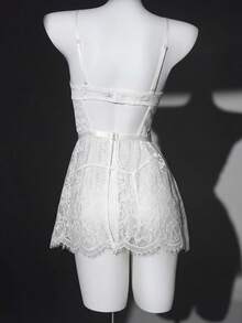 Seduluxe Set de 2 piezas de camisón sexy con encaje, parche de satén, copa 1/2, aros, tirantes transparentes y espalda descubierta - Blanco - Ver 3