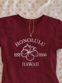 Glimmora Hawaii Letter Floral Embroidery Women's Regular Crew Neck Short Sleeve T-Shirt, Gift For Friends - Burgundy - View 3