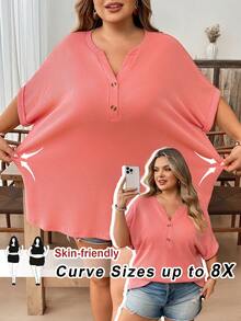 SHEIN CURVE+ 新款加大码女式休闲V领纽扣肩短袖T恤，海盐蓝绿色 - 珊瑚橙 - 查看 9