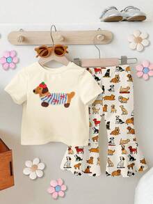 SHEIN Playful Pals 一套女童休闲时尚可爱小狗印花短袖T恤和碎花喇叭裤套装，适合春夏穿着，可作校服，可爱夏季女童服装，韩版风格，夏季套装，女童夏季服装 - 彩色 - 查看 6