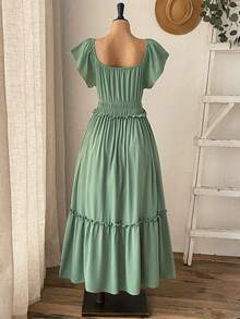 Rusticease Plus Size Women's Summer Sage Green Curve Long Dress,Casual Holiday Boho Flowy Ruffle Sleeve Solid Party Vacation Outfits,Country Concert Beach Wear - Green - View 3