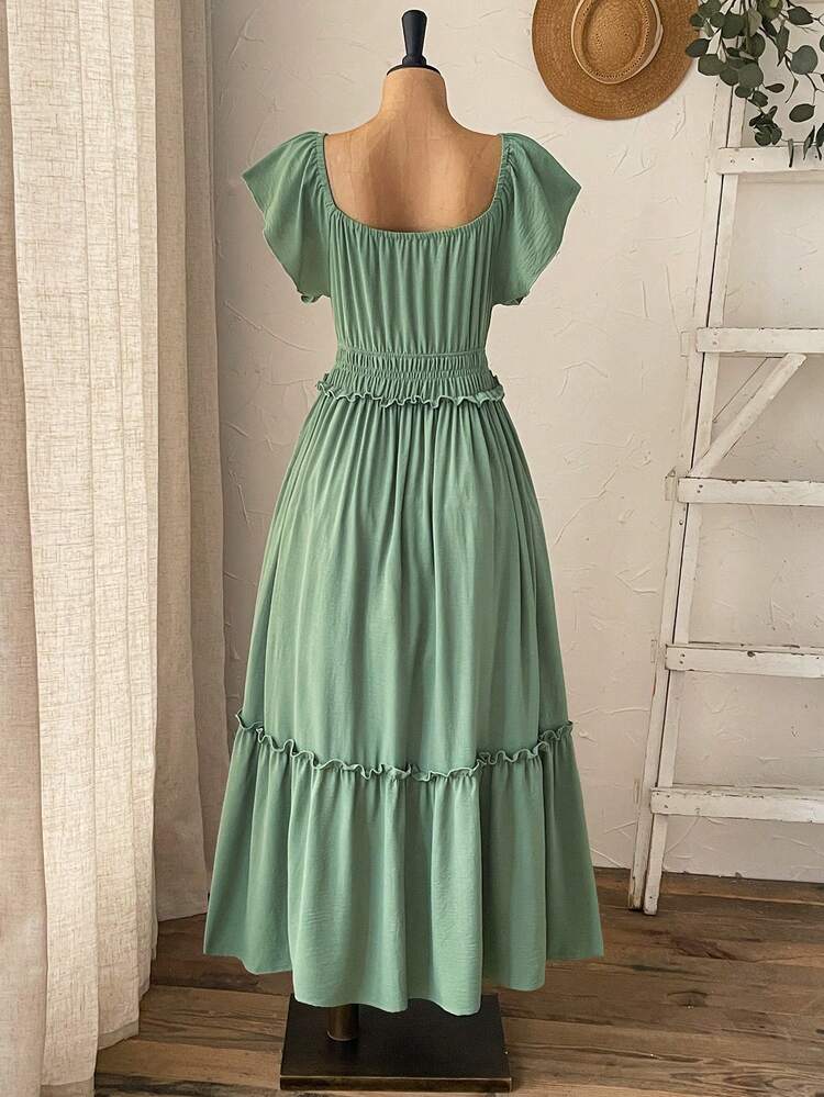 Plus Size Women's Summer Casual Vacation Country Ruffle Sleeve Solid Green Long Dress, Summer Vacation,Casual Holiday Style,Summer Outfits For Women ,Vacation Outfits Women ,Holiday Outfits For Women,Going Out Outfits,New Clothes,Simple And Fashionable For Everyday Wear,Suitable For Summer, Vacation, Daily Wear, Festival Outfits For Women,Country Concert Outfit,Beach Outfits For Women,Western Style,Flowy Dress,Gifts For Mother,Boho Dress