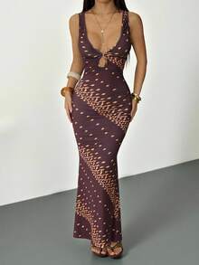 SHEIN PETITE Đầm dài không tay cổ chữ V khoét eo dành cho nữ, thích hợp cho kỳ nghỉ hè, hẹn hò, phong cách quý tộc, trang phục giáo viên, trang phục hẹn hò. - màu nâu - Xem 5