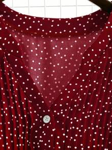 大码女式波点印花V领泡泡袖褶皱腰身A字连衣裙，配蝴蝶结设计，休闲通勤优雅复古百搭浪漫度假娃娃裙，早春/春夏长款连衣裙 - 彩色 - 查看 4