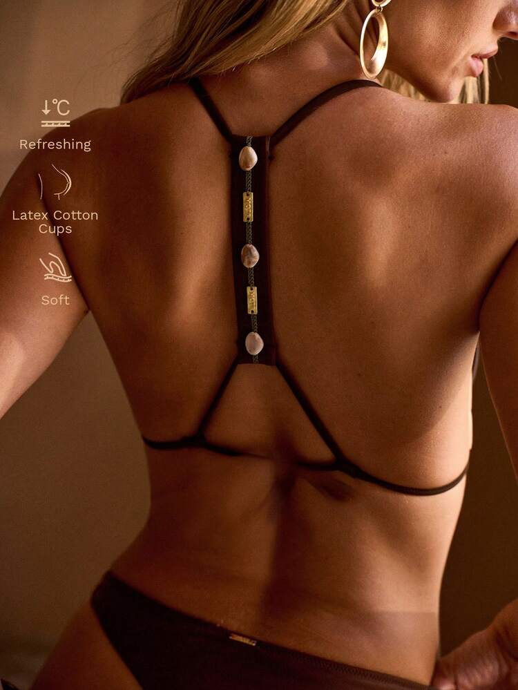 SUMMER HIGH ELASTICITY KNIT DEEP BACK HANDMADE BEADED METAL PLATE DETAIL RELAXED HOLIDAY WOMEN BEACH SWIMSUIT BIKINI SET