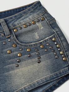 ROMWE Summer Y2K Baddie Music Festival Vintage Studded Distressed Super Low-Rise Denim Mini Shorts For Women - Blue - View 10