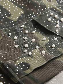 Manfinity EMRG Pantalones cortos vaqueros casuales y versátiles para uso diario con aplicaciones de strass camuflaje para hombres - Verde militar - Ver 4