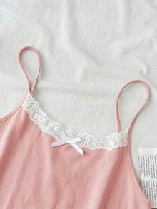 SHEIN 少女藏蓝色和白色蕾丝边吊带背心和短裤两件套睡衣套装，春夏款 - 粉色 - 查看 3