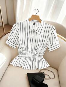 Franclia 女款優雅夏季辦公休閒襯衫，黑白格紋條紋印花珍珠鈕扣前襟短袖荷葉邊下擺收腰短版 - 黑與白 - 查看 7