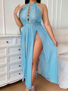 SHEIN 2 piezas Conjunto de lencería sexy inalámbrica con contraste de encaje y malla para tallas grandes - Celeste - Ver 3