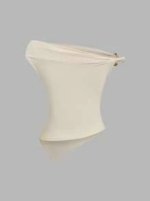 Sweetra 女士夏季欧美时尚纯色三件套，金属装饰扭结下摆不对称下摆修身休闲通勤百搭T恤 - 彩色 - 查看 4