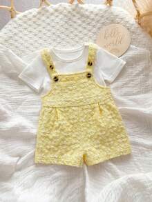 SHEIN Newborn Baby Girls Cute Versatile Pink Heart Romper Jumpsuit, Summer - Yellow - View 5