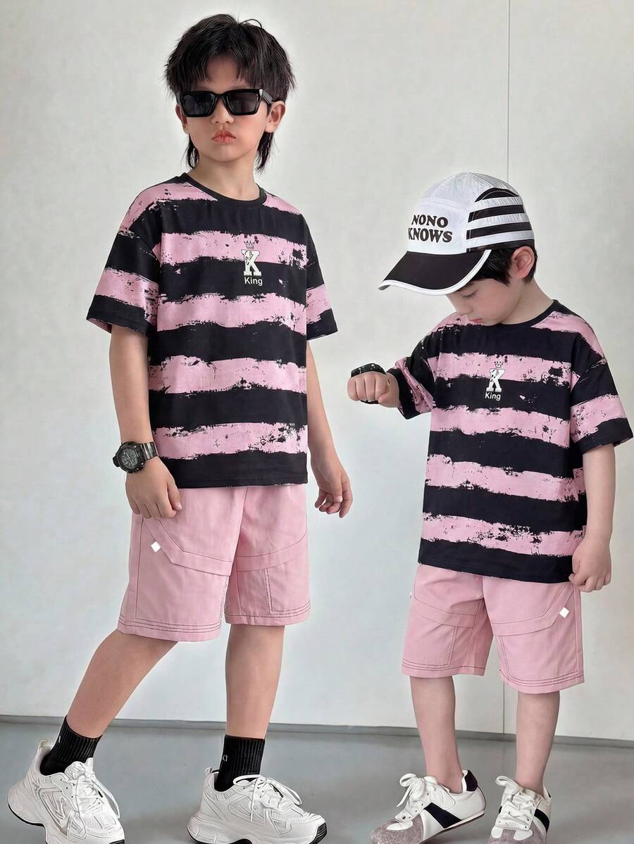 2pcs/Set Tween Boy Casual Striped Crew Neck Short Sleeve T-Shirt And Shorts Set, Suitable For Commuting, School, Daily Casual Wear, Sports, Spring/Summer