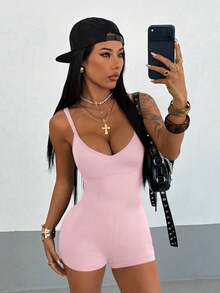 StreetHx 街头风女式纯色吊带露脐连体裤，春夏款 - 粉色 - 查看 6