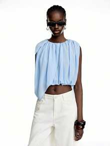 LYSMO Blusa corta de mujer con mangas asimétricas fruncidas de unicolor - Celeste - Ver 5
