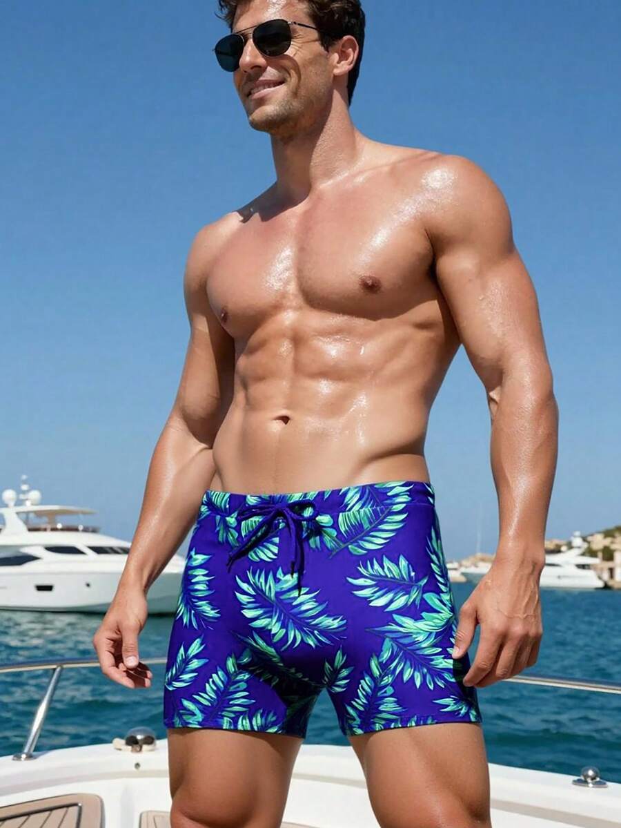 Manfinity Swimmode Quần bơi nam mùa hè in hình cây cỏ nhiệt đới, cạp chun, thích hợp đi biển. - Màu xanh lam - Xem 1
