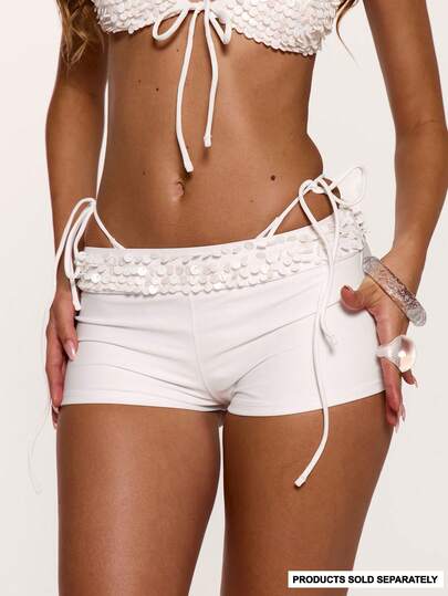 Musera Resort Embellished Waist Fitted Micro Shorts Coord Bottoms Only Beach Swim Sexy Cute Going Out Holiday Vacation Summer Deep Blue