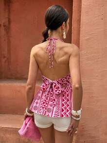 Selianne Camisola feminina elegante, moderna, casual, confortável, charmosa, retrô, minimalista, sofisticada, romântica, sem mangas, com decote em V, amarração na cintura e barra evasê, estampada. - Rosa Quente - Ver 2