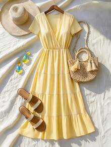 Louniche Vestido casual y versátil de algodón y lino con cuello en V, cintura recogida y bajo con dobladillo - Amarillo - Ver 3