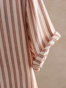 Core Aspect Men's Brown Striped Short Sleeve Shirt And Solid Color Drawstring Pants,2-Piece Set Casual Summer Vacation Holiday Linen Set Vintage Outfit For Men - Multicolor - View 6