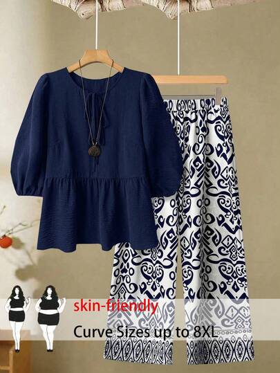 SHEIN CURVE+ Bộ đồ 2 mảnh dành cho nữ cỡ lớn, màu trơn, thắt nơ phía trước và quần ống rộng in hoa, kiểu dáng thường ngày.