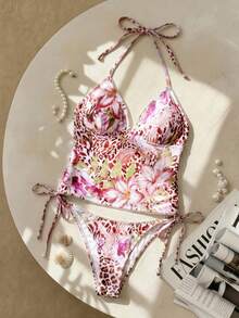 SHEIN Swim Vcay 甜樱桃格子比基尼套装 花卉泳装 多色泳装 吊带泳装 波西米亚风泳装 女士泳装 - 彩色 - 查看 2