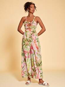 Travachic Mono informal de mujer con estampado de plantas tropicales, adecuado para vacaciones de verano, atuendos de playa para mujer, con estilos tropicales, bohemios y occidentales, con estampado de loros tropicales - Multicolor - Ver 6