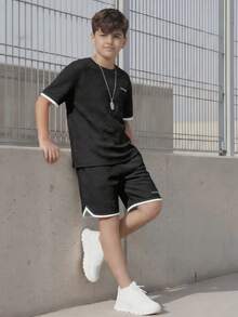 Mirajuku 2pcs/Set Summer New Casual Sports Suit For Teenagers,White Diamond Jacquard Round Neck Loose Short Sleeve T-Shirt And Shorts,Streetwear Everyday Wear - Black - View 1