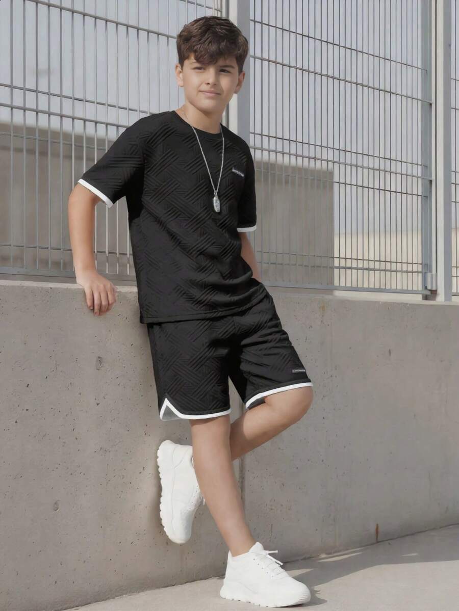 Mirajuku 2pcs/Set Summer New Casual Sports Suit For Teenagers,White Diamond Jacquard Round Neck Loose Short Sleeve T-Shirt And Shorts,Streetwear Everyday Wear - Black - View 1