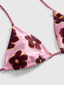 ROMWE Avant 2pcs Retro Floral Colorblock Plaid Print Personalized Women Bikini Swimwear, Suitable For Beach, Pool, Cruise, Party In Spring And Summer Vacation - Pink and Purple - View 5