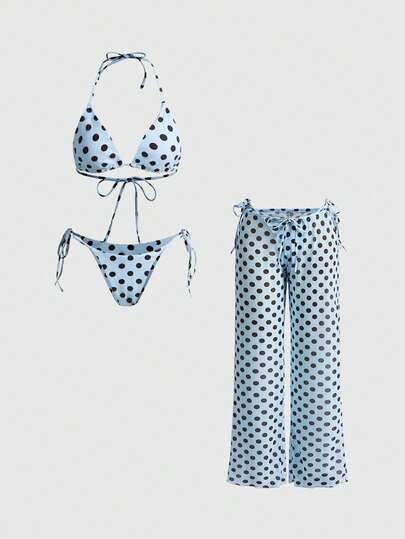 ROMWE Avant 2026 Women's 3-Piece Polka Dot Printed Bikini Set, Halter Neck Design, Side Tie, Mesh Cover-Up Pants, Cute Casual Backless Swimsuit For Valentine's Day, Spring/Summer Beach Vacation